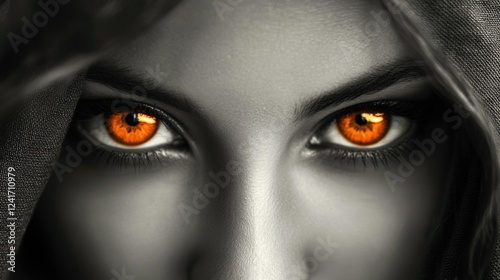 Female face with striking bright orange eyes surrounded by soft shadows in a grayscale setting, looking directly at the camera with an intense gaze. photo