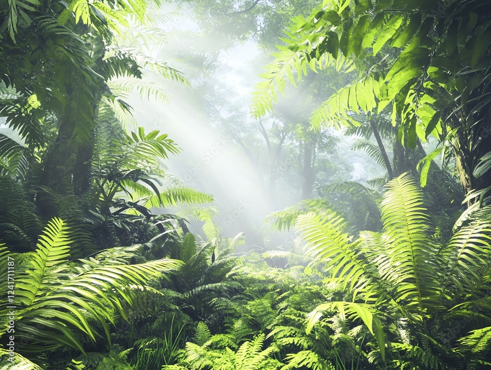 Lush tropical rainforest with sunbeams breaking through dense foliage. Serene and vibrant nature scene. Lush tropical rainforest with sunbeams breaking through dense foliage. Serene and vibrant nature scene.