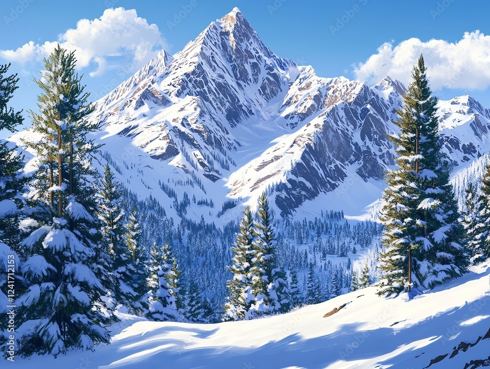 Majestic snow-capped mountain peak amidst a pristine winter forest. Serene landscape. Majestic snow-capped mountain peak amidst a pristine winter forest. Serene landscape.
