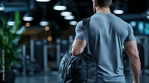 Fototapeta Naklejka Na Ścianę i Meble -  Athletic man in grey t-shirt with gym bag walking in modern fitness center. Back view of muscular male entering sports facility in evening hours.