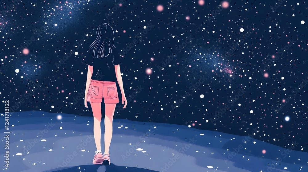 A girl wearing pink shorts and a black t-shirt stands in the night sky
A girl wearing pink shorts and a black t-shirt stands in the night sky