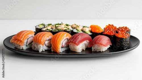 Detailed close-up of sushi varieties like dragon rolls, spicy tuna, and cucumber maki on a glossy black plate, set against a bright white background photo