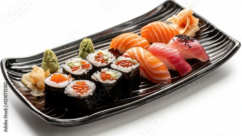 Detailed close-up of sushi varieties like dragon rolls, spicy tuna, and cucumber maki on a glossy black plate, set against a bright white background photo