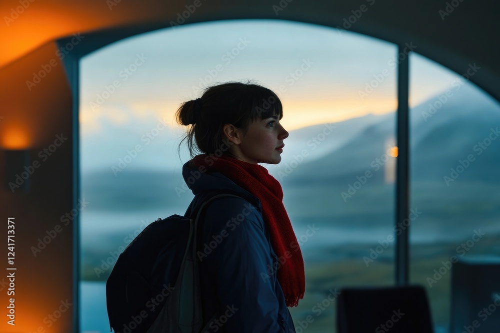 Fototapeta premium A young woman with a backpack gazes out a large window at a breathtaking sunset over a mountain landscape.