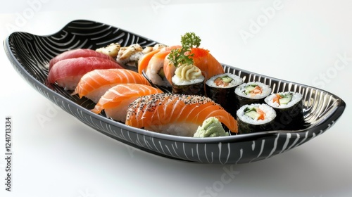 Detailed close-up of sushi varieties like dragon rolls, spicy tuna, and cucumber maki on a glossy black plate, set against a bright white background photo