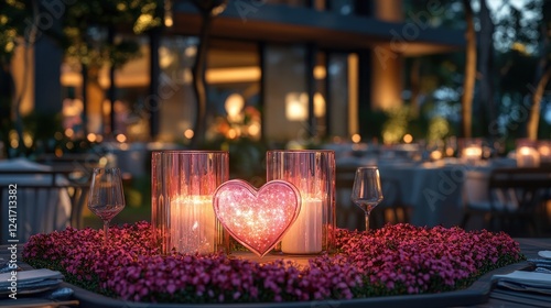 A luxurious Valentinea??s evening garden dinner featuring glass lanterns emitting soft pinkish light photo