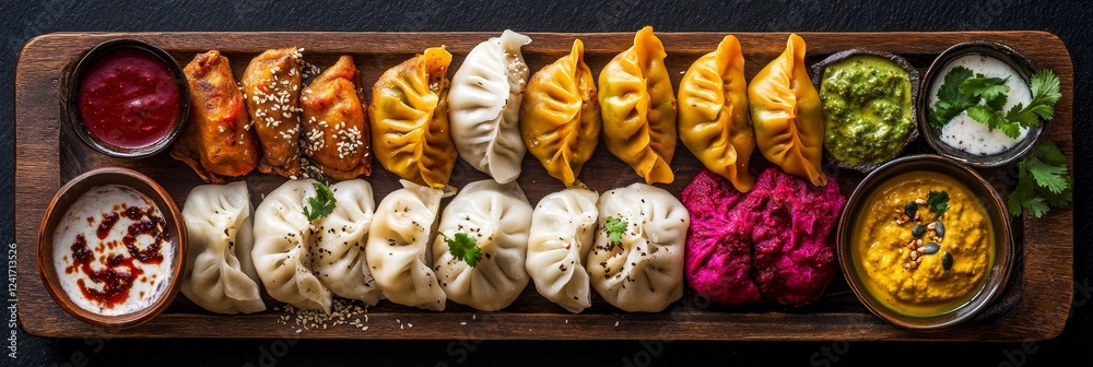 Fototapeta premium A Vibrant Flat-Lay of Assorted Momos and Dips - A colorful assortment of steamed momos, served with a variety of flavorful dipping sauces. Represents culinary diversity, vibrant flavors