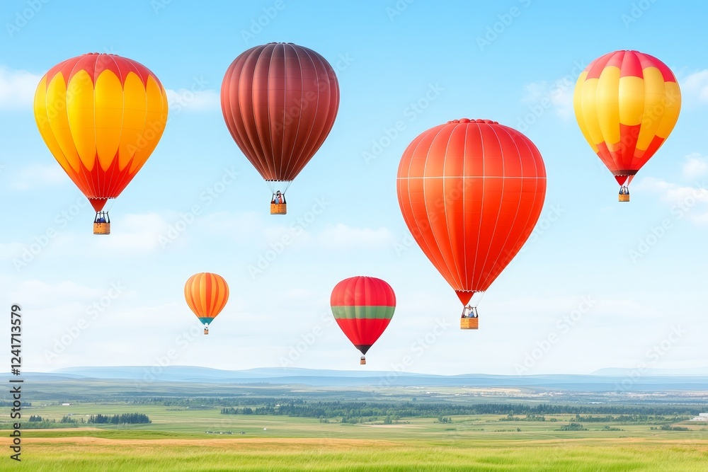 Naklejka premium Colorful Hot Air Balloons Over Green Fields - A dazzling display of colorful hot air balloons floating gracefully above a picturesque landscape, symbolizing adventure, freedom, joy, aspiration