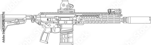 New assault rifle with optical sight and silencer in thick outline, xm7 line icon in black color.
