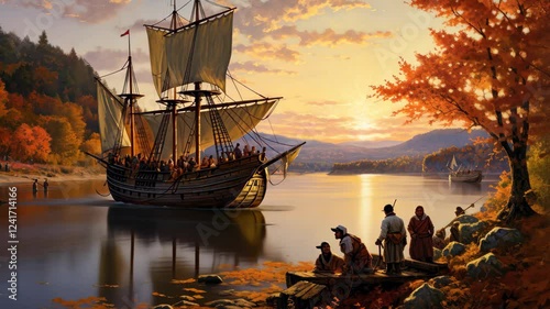 A stylized portrayal of the Mayflower arriving at Plymouth Harbor during a vibrant autumn sunset with settlers preparing for their new life in America