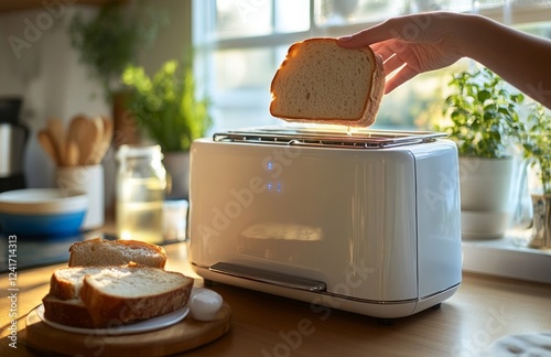 Womans Hand Taking Fresh Toast from Toaster in Kitchen photo