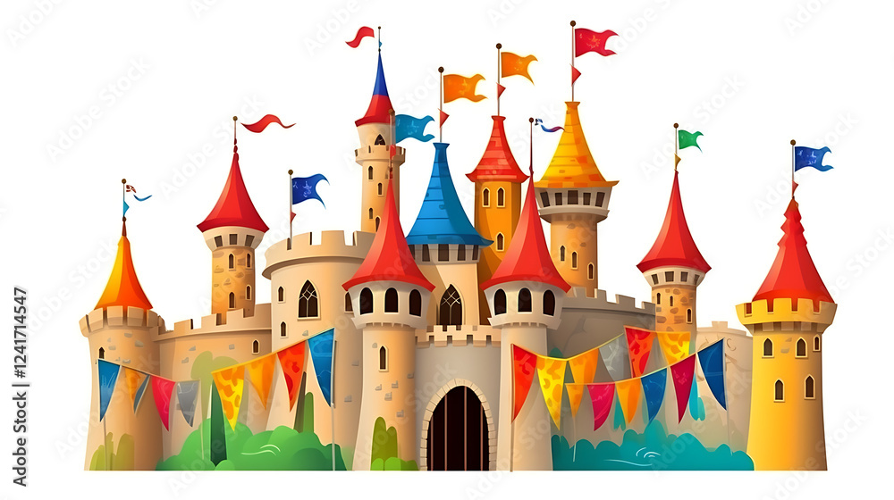 Fototapeta premium A castle with many flags hanging from the top