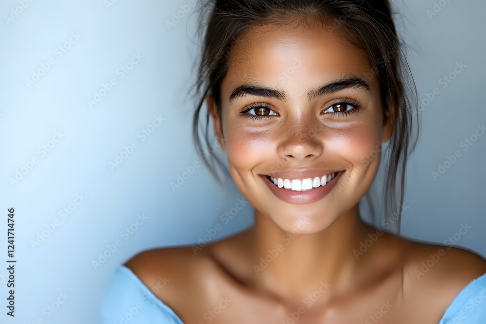 Young mixed race woman with bright genuine smile and natural makeup against blue background, radiating happiness and confidence in casual attire. Young mixed race woman with bright genuine smile and natural makeup against blue background, radiating happiness and confidence in casual attire.