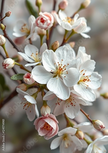 Spring blossoms, delicate white cherry flowers, soft pink buds, macro photography, shallow depth of field, botanical detail, pastel tones, nature close-up, floral elegance, soft light, dreamy atmosphe photo