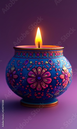 Wallpaper Mural Decorative blue ceramic candle holder with pink floral patterns glowing with warm candlelight against purple background, creating peaceful ambiance for meditation and relaxation. Torontodigital.ca