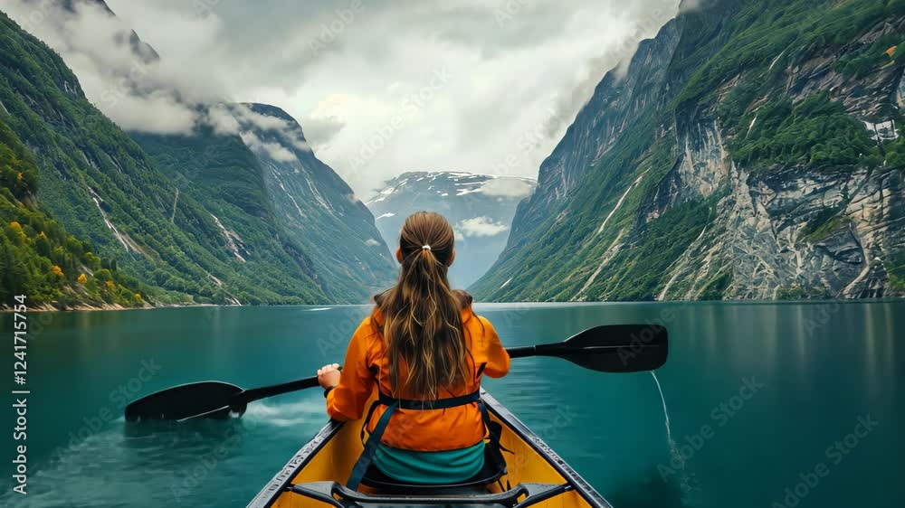 A girl in an orange jacket paddles a canoe through the calm waters of a misty fjord surrounded by towering mountains in the early morning A girl in an orange jacket paddles a canoe through the calm waters of a misty fjord surrounded by towering mountains in the early morning