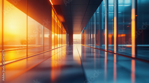 Modern corridor with reflective surfaces illuminated by sunset glow in a contemporary architectural design. Generative AI