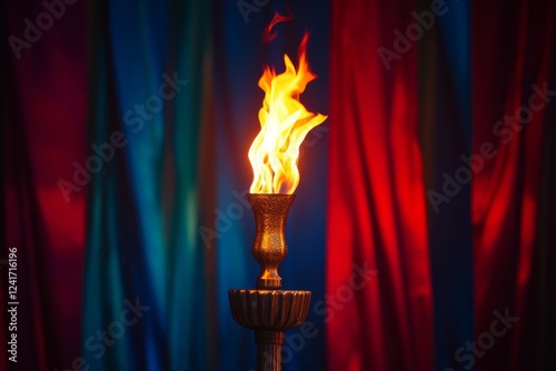 Vibrant olympic torch with bright flames against colorful drapes photo