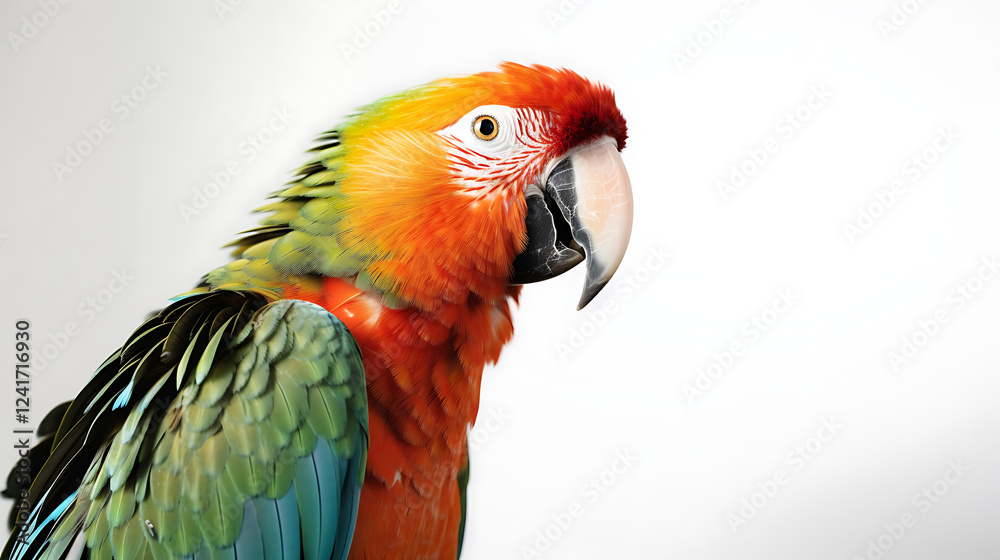 Fototapeta premium A colorful parrot is perched on a white background