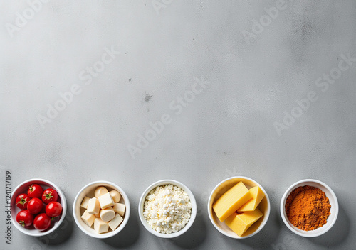 white bowls contain various food items gray concrete backdrop plenty empty