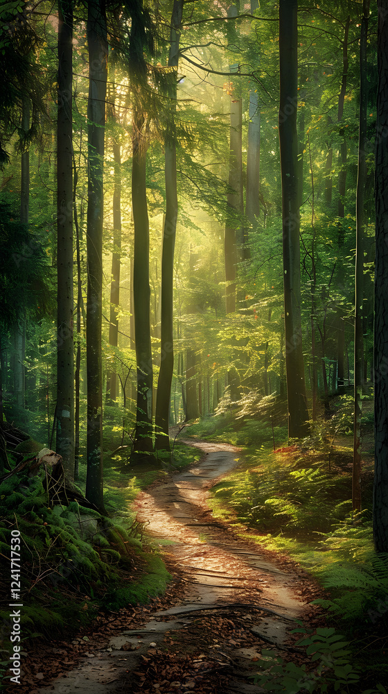 Obraz premium Serene Forest with Morning Sunlight: A Peaceful Haven for Mindfulness and Relaxation