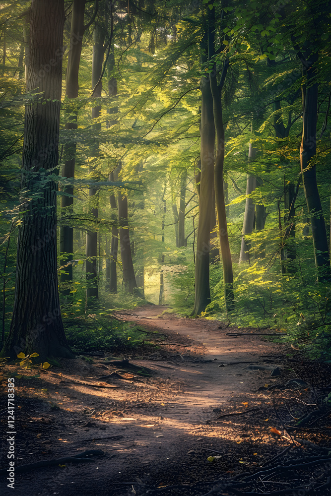 Fototapeta premium Serene Forest with Morning Sunlight: A Peaceful Haven for Mindfulness and Relaxation
