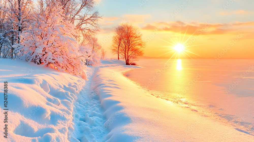 Snowy winter path sunset lake landscape, winter wonderland scene, travel postcard Snowy winter path sunset lake landscape, winter wonderland scene, travel postcard