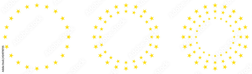 Stars in circle icon vector. Europe stars signs collection. Schengen eurozone icon. Yellow star circle pattern with varying densities, abstract geometric star frame, symmetrical starburst design. Stars in circle icon vector. Europe stars signs collection. Schengen eurozone icon. Yellow star circle pattern with varying densities, abstract geometric star frame, symmetrical starburst design.