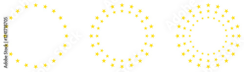 Stars in circle icon vector. Europe stars signs collection. Schengen eurozone icon. Yellow star circle pattern with varying densities, abstract geometric star frame, symmetrical starburst design.