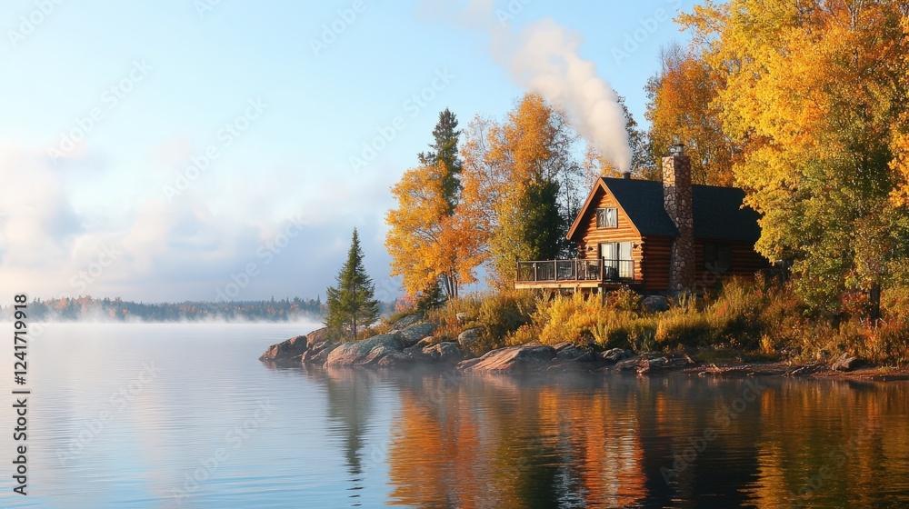 Fototapeta premium Autumn Log Cabin by Calm Lake Mist