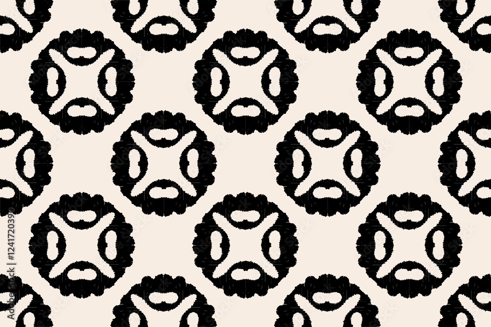 Fototapeta premium Ornamental seamless background. Ikat geometric boho pattern with simple floral shapes, and circles. Abstract monochrome black-white texture, repeat tiles. Design for decor, fabric, textile, web