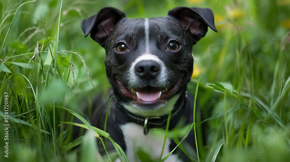 Profile portrait of a black mutt dog sitting in grass. Expressive and curious gaze, showcasing its unique charm Profile portrait of a black mutt dog sitting in grass. Expressive and curious gaze, showcasing its unique charm