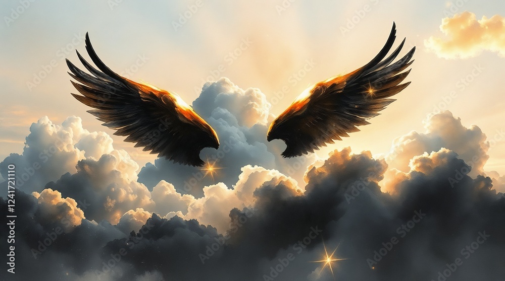 Obraz premium Majestic angel wings emerging through clouds in a dramatic sky with golden light