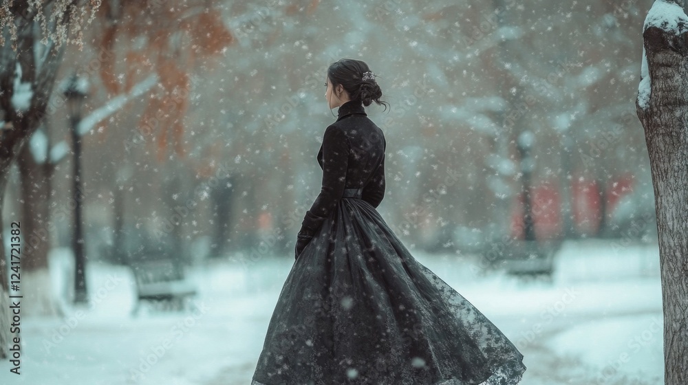Woman in Black Dress Snow Winter Park Scene