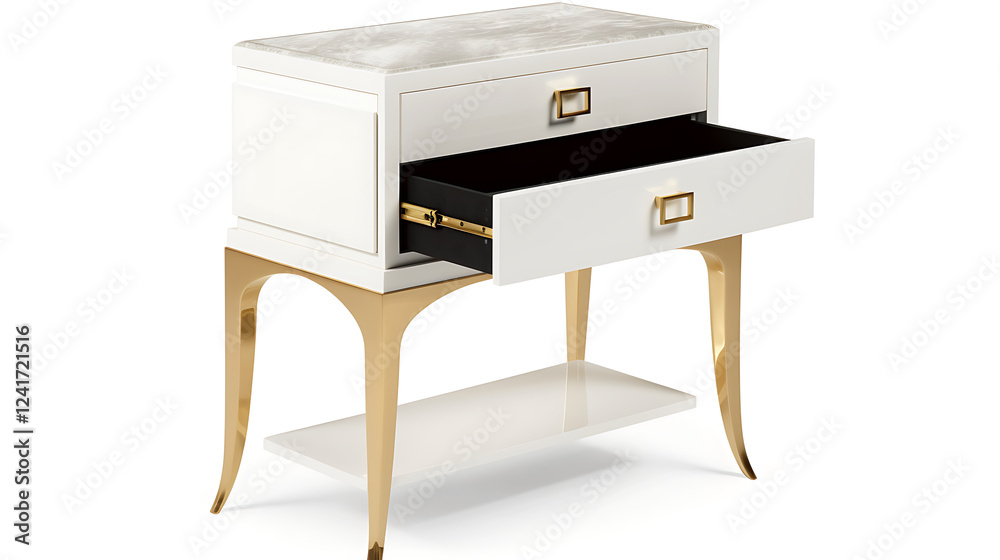 A white nightstand with a black drawer and gold legs A white nightstand with a black drawer and gold legs