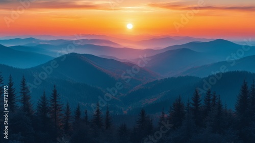 Breathtaking sunset over mountain range with misty valleys and silhouetted trees