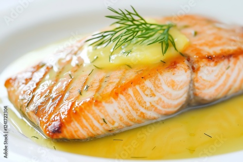 Grilled salmon fillet with lemon butter and fresh dill garnish.