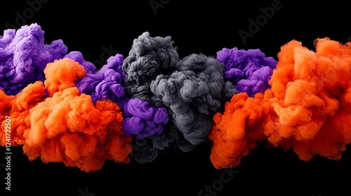 Abstract Ink Swirl: Vibrant swirls of orange, purple, and black ink dance across a black background, creating a dynamic and abstract composition.