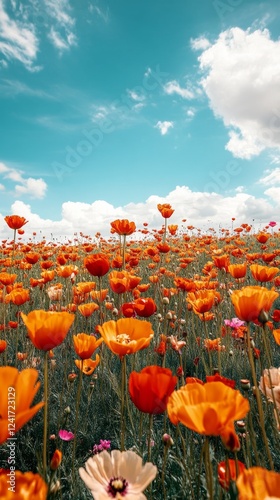 Vibrant orange poppy field under a bright blue sky on a sunny day in spring