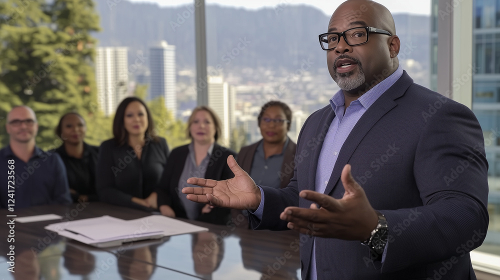 Confident Black Business Leader Presenting in Modern Office Confident Black Business Leader Presenting in Modern Office