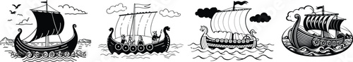 Set of Viking ship vector illustration. Hand draw line art Isolated icon set  - Transparent