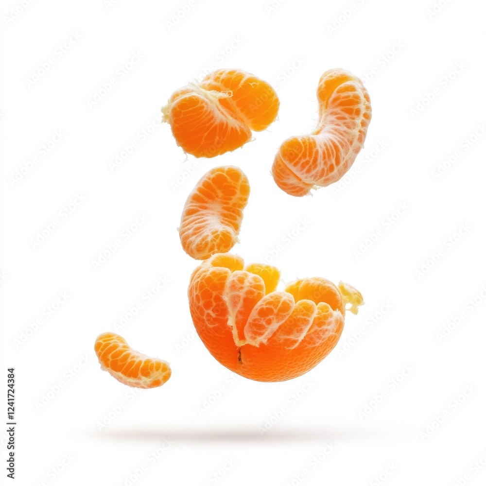 A group of peeled oranges falling through the air A group of peeled oranges falling through the air