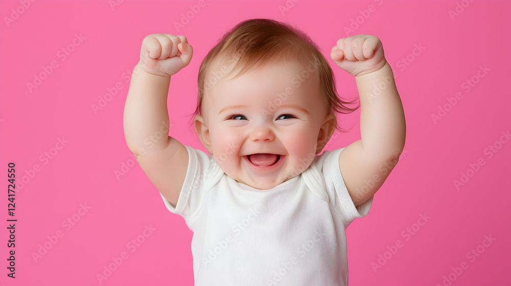 Happy baby girl celebrating, pink background Happy baby girl celebrating, pink background