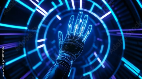Futuristic Robotic Hand Reaching Through Portal - Close-up of a glowing robotic hand extending towards a circular, futuristic portal.  Digital technology, AI, and innovation concepts.