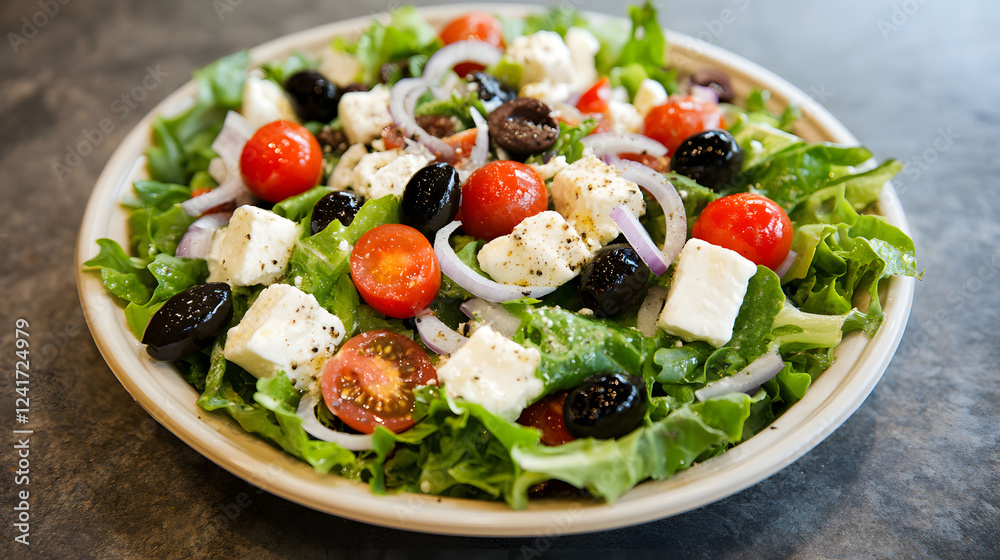 An Exquisite Mediterranean Salad Arrangement on a Ceramic Plate Capturing Freshness and Flavor in High Detail An Exquisite Mediterranean Salad Arrangement on a Ceramic Plate Capturing Freshness and Flavor in High Detail