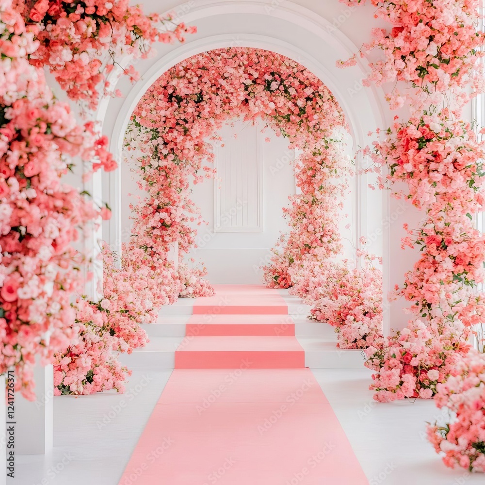 Fototapeta premium Floral wonderland wedding setup with blooming flowers covering every surface