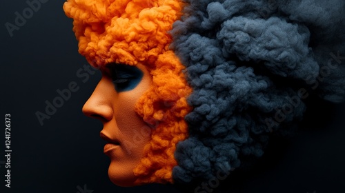 Abstract Portrait: A  surreal and captivating portrait of a woman's profile engulfed in swirls of orange and blue smoke, symbolizing a dichotomy of emotions or contrasting ideas.