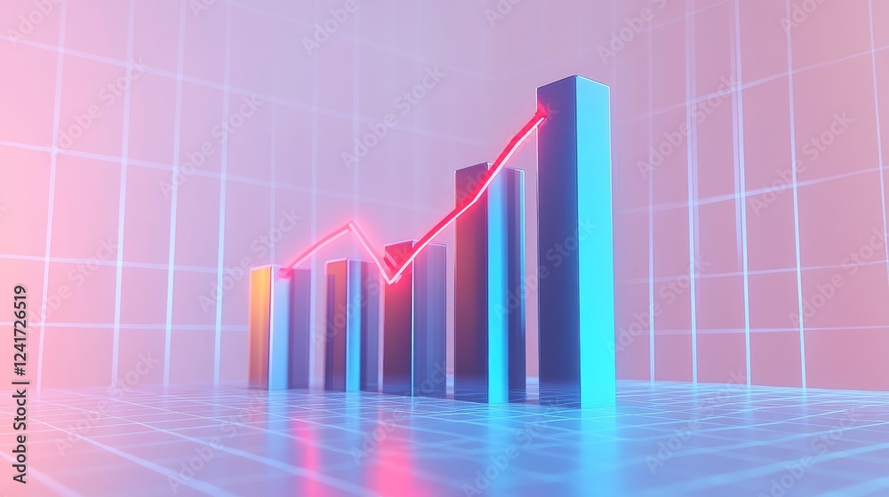 Fototapeta premium Business Growth Chart - Abstract 3D of a bar graph showing upward trend, suggesting financial success and growth. Neon lighting adds a modern feel.