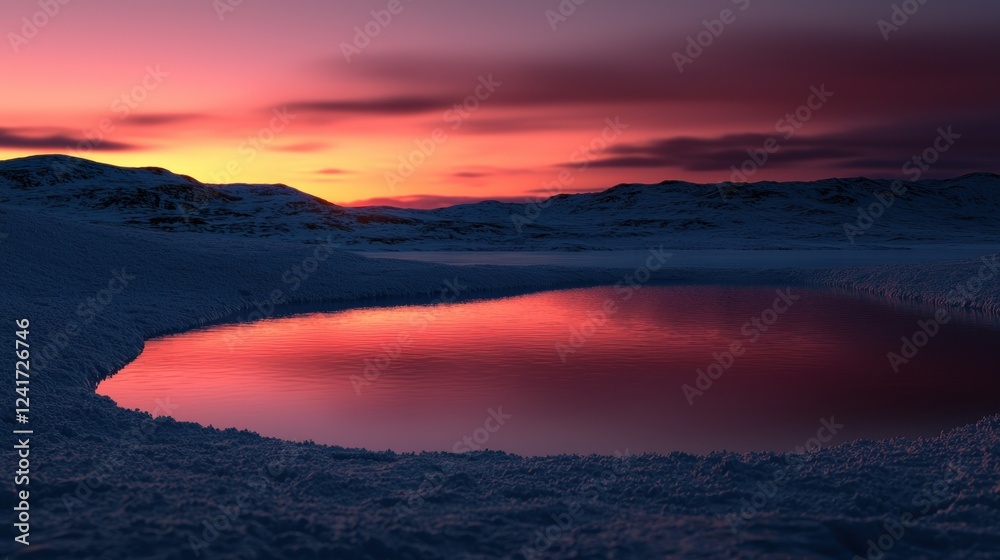 Serene sunset over a frozen lake surrounded by snow-covered mountains at twilight Serene sunset over a frozen lake surrounded by snow-covered mountains at twilight