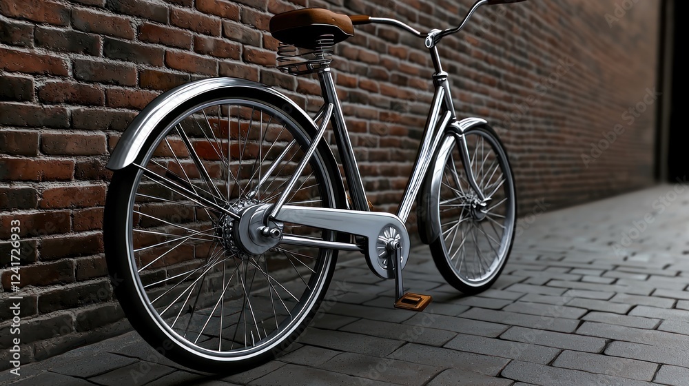 A sleek, modern bicycle parked against a textured brick wall in an urban setting A sleek, modern bicycle parked against a textured brick wall in an urban setting